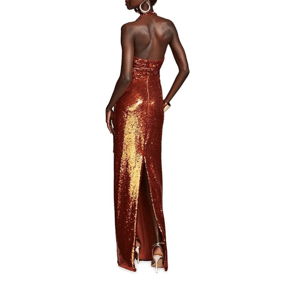 NWT Halston Copper Sequin Halter V Gown Dress Heart Buckle Sleeveless Size 14 - Picture 6 of 13